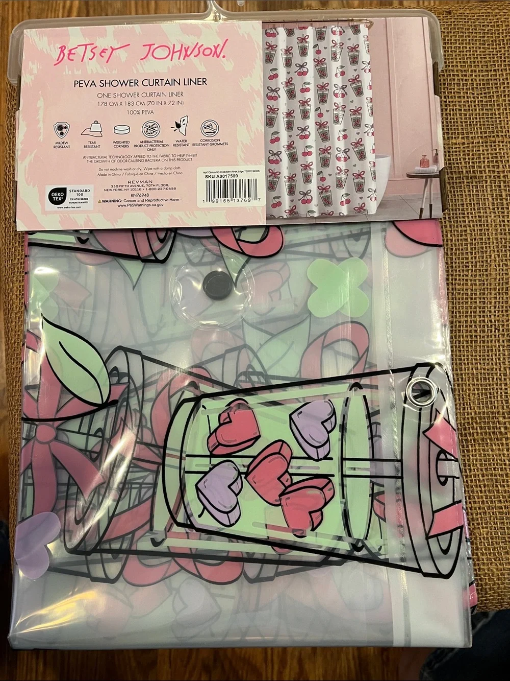 Betsey Johnson Pink Green Cherry/Cup Print PEVA Shower Curtain Liner